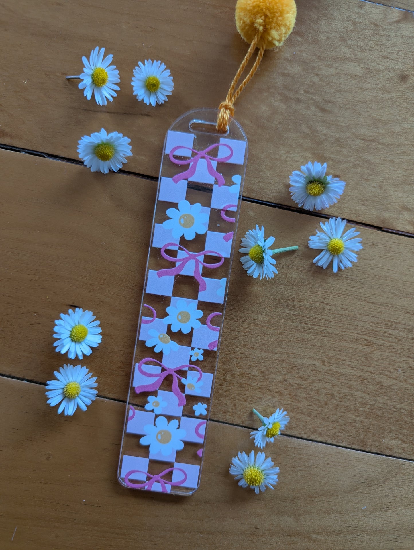 Bookmark - Bow-Dazzled Daisy Checkerboard of Cuteness - bow, checks and daisies