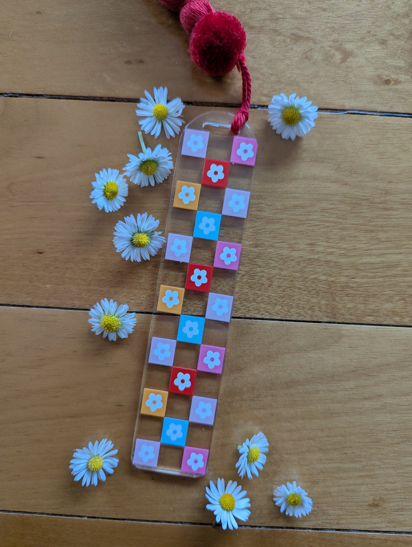 Bookmark - Rainbow Daisy Daydream Bookmark - daisies and rainbow checkerboard